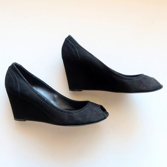 J. Crew Black Suede Leather Peep Toe Wedge Heel Sandals / Dress Shoes Size 8 - Picture 9 of 15